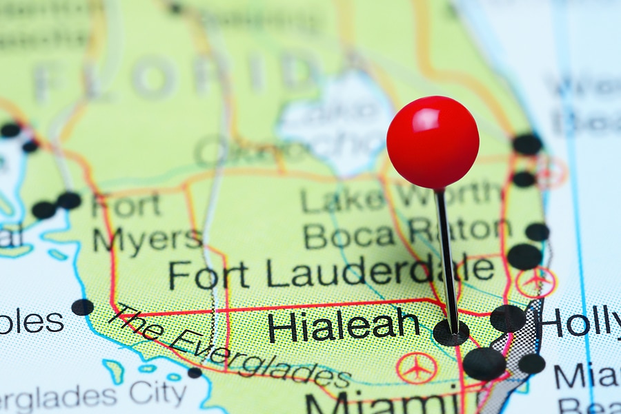 Hialeah pinned on a map of Florida, USA