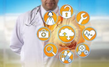 A physician is accessing managed services via the cloud.