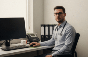 A medical professional with a stethoscope around their neck is sitting at a desk with a computer.
